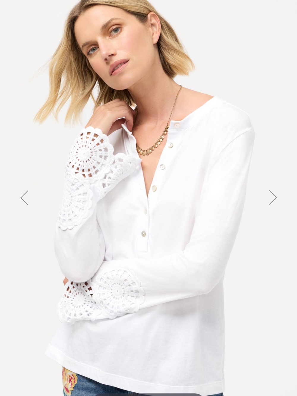 Johnny Was Crochet Trim Henley Tee White